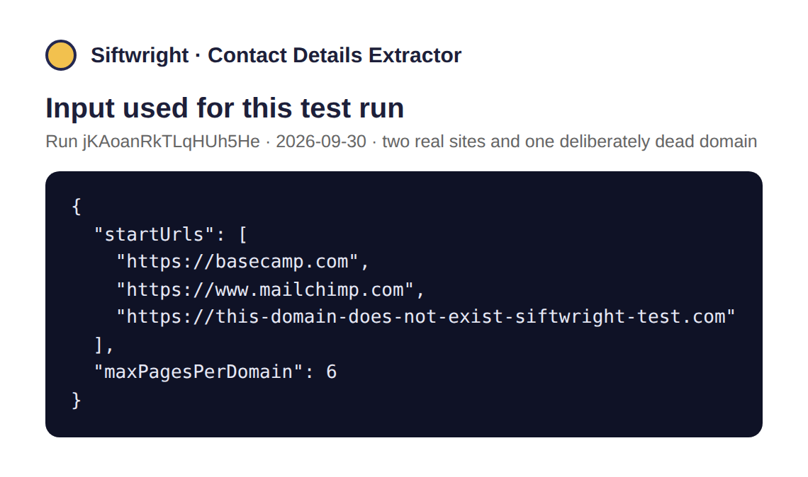 Input: two real company sites and one deliberately dead domain